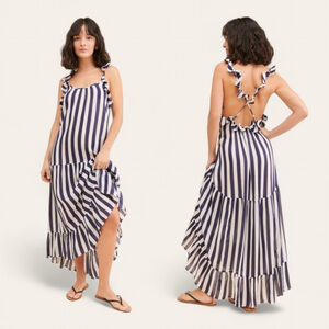Anthropologie Ruffle Strap Beachy Striped Crossback Maxi Dress NWT Sz M Navy
